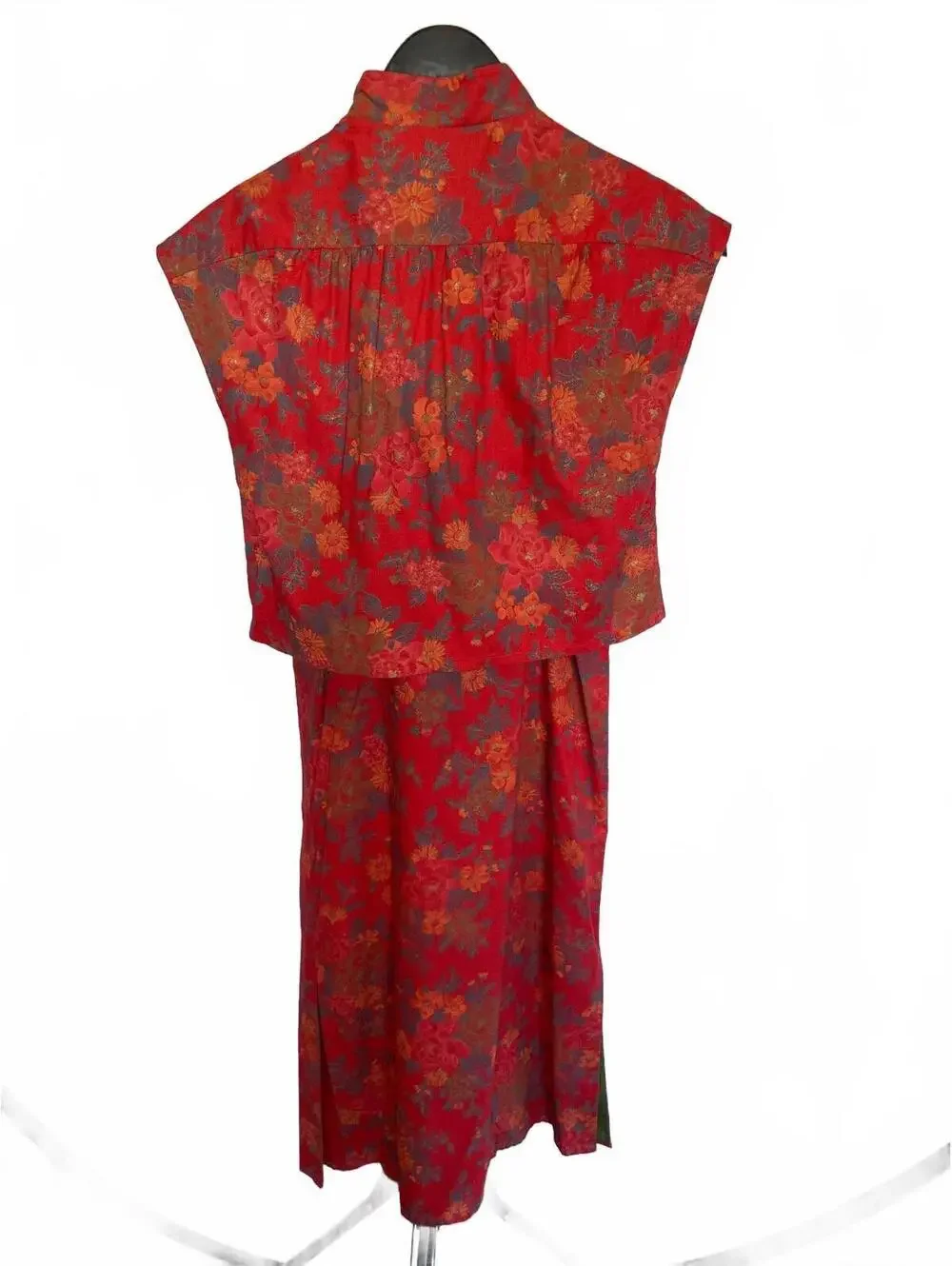 Vintage 70s Liberty House Sun Babies Hawaii Red Floral Midi Dress Set XS Boho